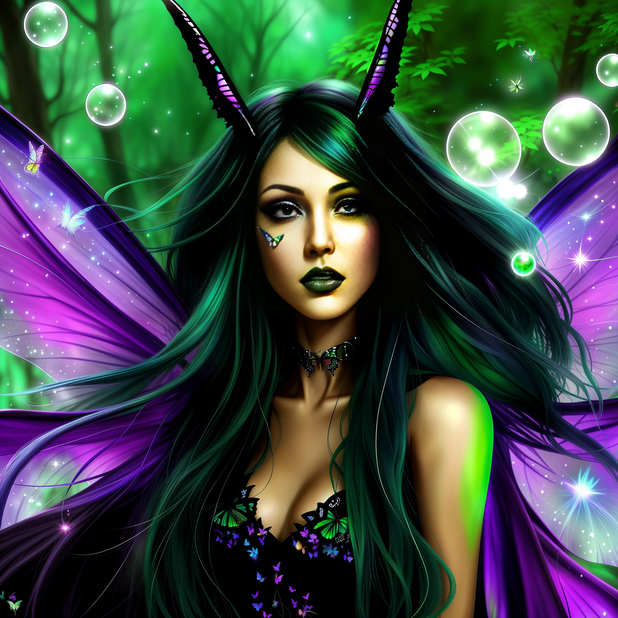 a close up of a woman with green hair and a purple butterfly, dark fae, colorfull digital fantasy art, digital art fantasy, fantasy digital art, digital art fantasy art, gothic fantasy art, forest fae, fae, fae teenage girl, faerie, beautiful faery sorceress, airbrush digital art, fantasy dark art, evil fairies