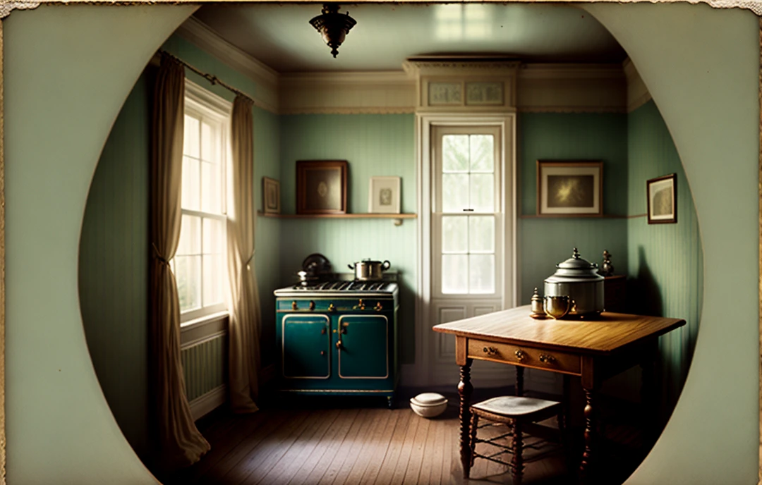 Kodak portra 4 0 0, wetplate, fisheye, award - winning portrait by britt marling, 1 8 8 0 s kitchen, ghost, picture frames, shining lamps, dust, smoke, 1 8 8 0 s furniture, wallpaper, carpet, books, muted colours, wood, fog, plants, flowers