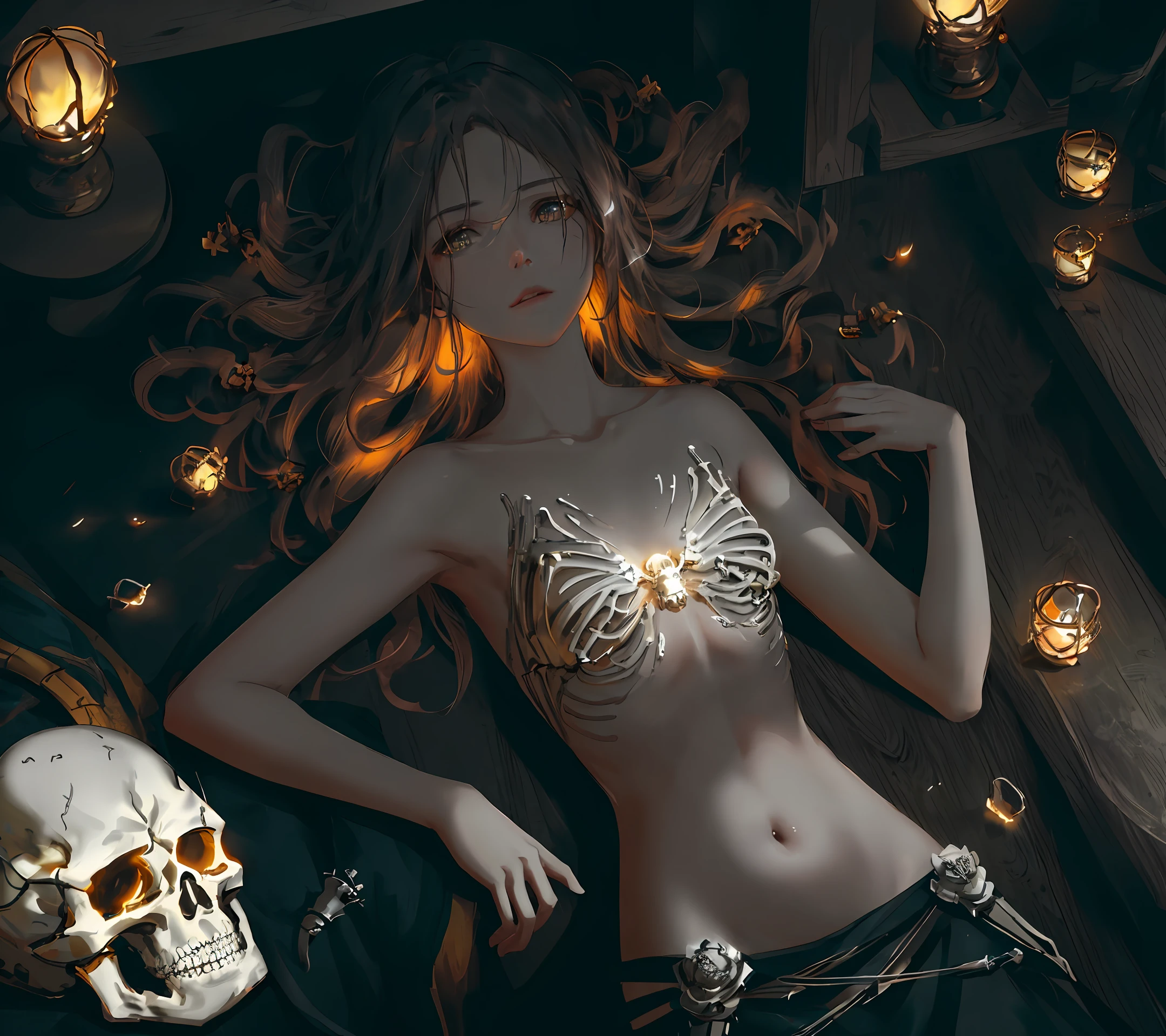 [hyper realistic:(unreal engine):realistic:,0.5,0.99], beautiful 1 skeleton,(beautiful and delicate face),(Sky), (dark magic: 1.2), (skeleton anthropomorphic),(necromancer), weird flames, oiled skin, upper body, looking at viewer, messy long hair, (volumetric lighting), atmospheric perspective, dust particles, light axis, (e_foxy:0.7), m_wlop, (e_landscape:0.7)