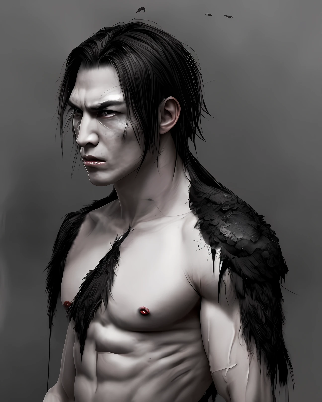 Black hair and black eyes, pale complexion, wearing a tattered black robe, slender and muscular arms with obvious muscle lines exposed, gloomy complexion, three-dimensional facial features, two crows landed on his shoulders