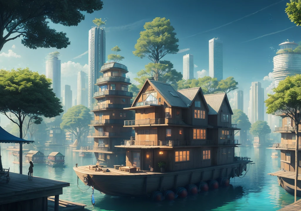 atmospheric realistic photography of futuristic floating eco village with trees highly detailed (city street:1.2), particles sunny blue sky, absurdres, hyper-realism, textured, maximum_detail, dslr