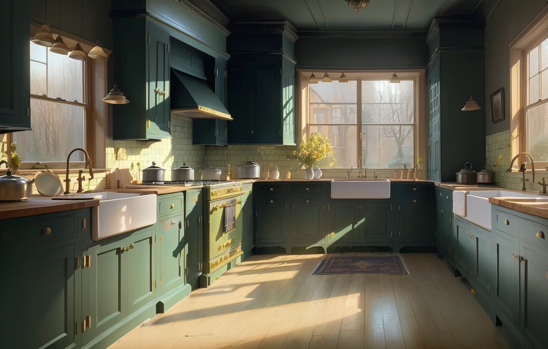 there is a kitchen with a stove, cabinets, and a window, inspired by Carl Spitzweg, old kitchen backdrop, old kitchen backdrop angled view, inspired by John Atkinson Grimshaw, kitchen, dark kitchen, foreboding room, in a dusty victorian home, inspired by Joseph Wright of Derby, smoke filled room, interior of a victorian house