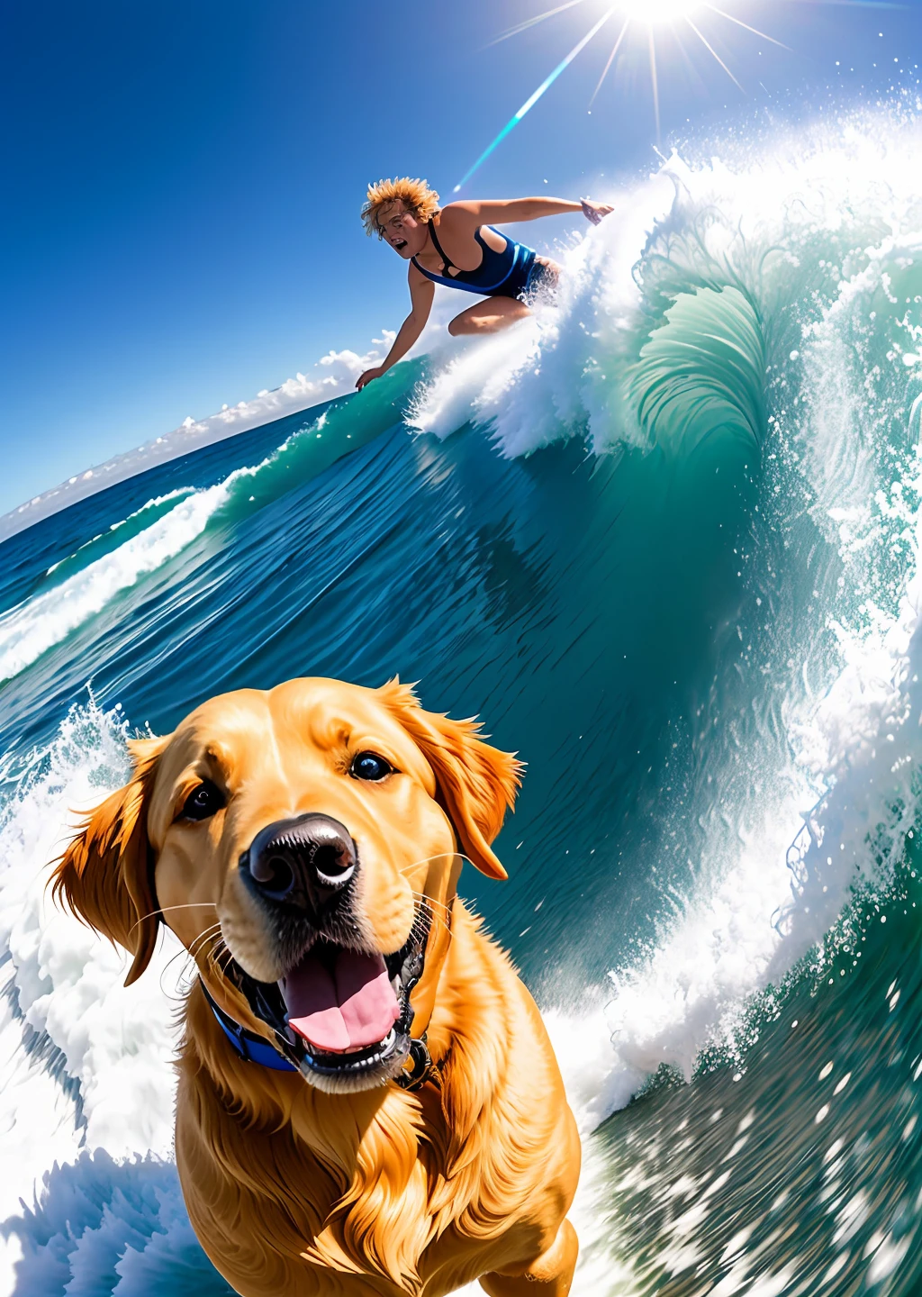 Extreme sports photography, surfing, is sliding along huge waves, thrilling tension, selfie medium shot, half body shot, golden retriever dog, golden retriever, sea, waves, ocean, foam in background, high texture, realistic effect