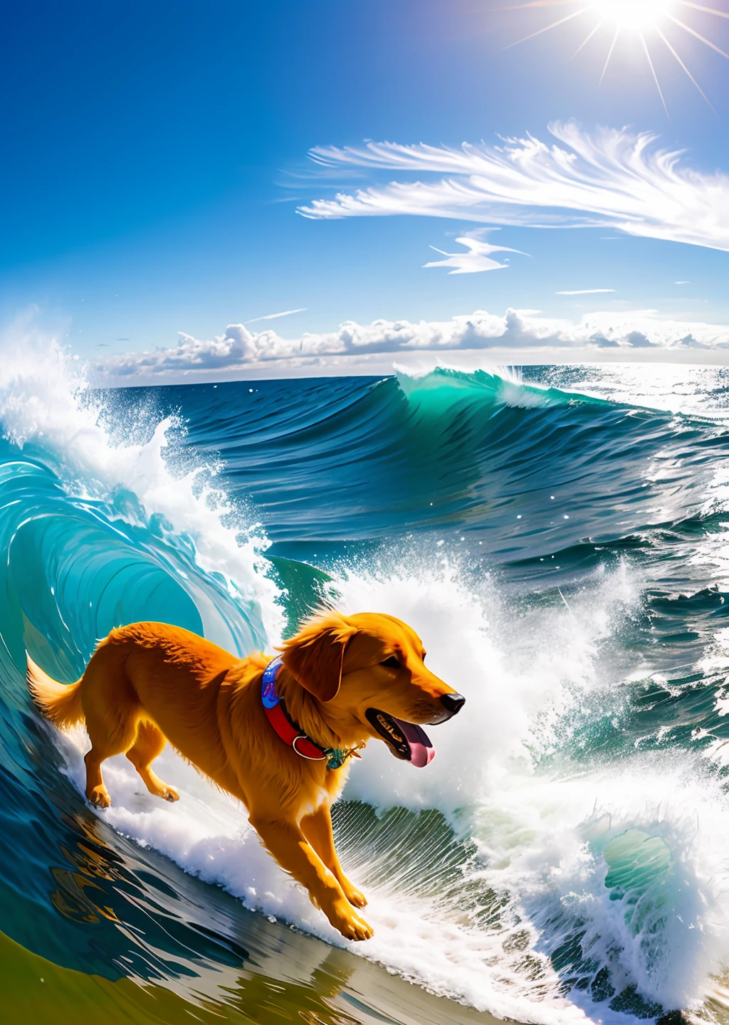 Extreme sports photography, surfing, is sliding along huge waves, thrilling tension, selfie medium shot, half body shot, golden retriever dog, golden retriever, sea, waves, ocean, foam in background, high texture, realistic effect