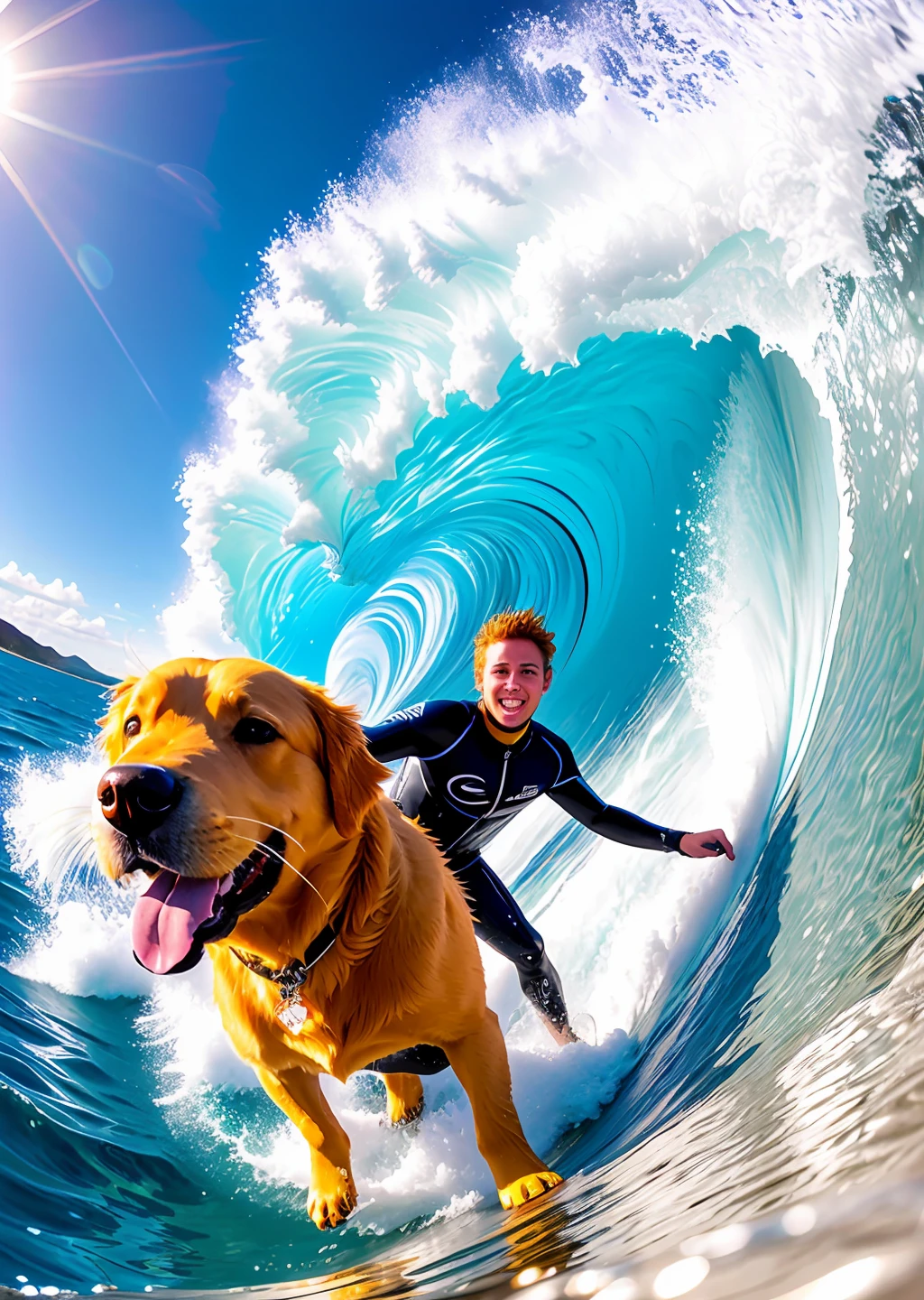 Extreme sports photography, surfing, is sliding along huge waves, thrilling tension, selfie medium shot, half body shot, golden retriever dog, golden retriever, sea, waves, ocean, foam in background, high texture, realistic effect