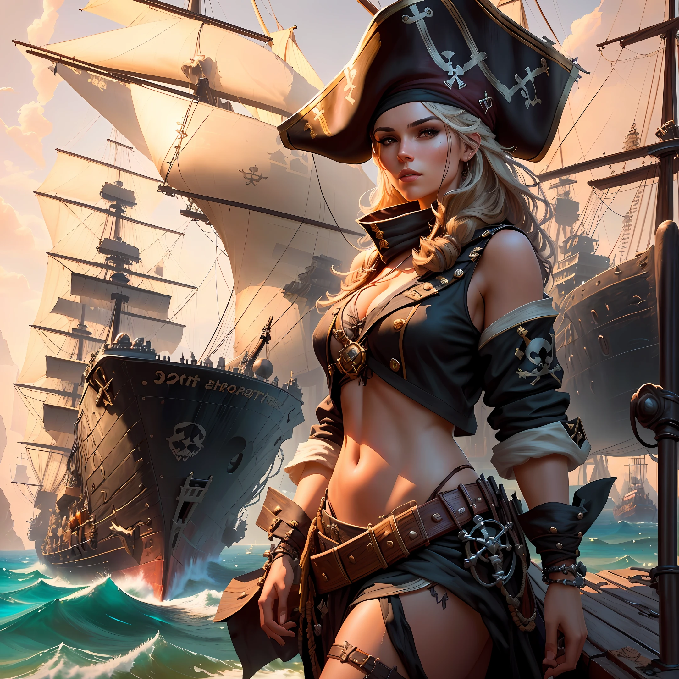 pirate girl in bikini and pirate hat standing in front of a ship, pirate woman, female pirate captain, 4k highly detailed digital art, karol bak uhd, deviantart artstation cgscosiety, beautiful digital artwork, 3 d render character art 8 k, Artstation contest winner, by Marek Okon, pirate queen, best of artstation, pirate portrait