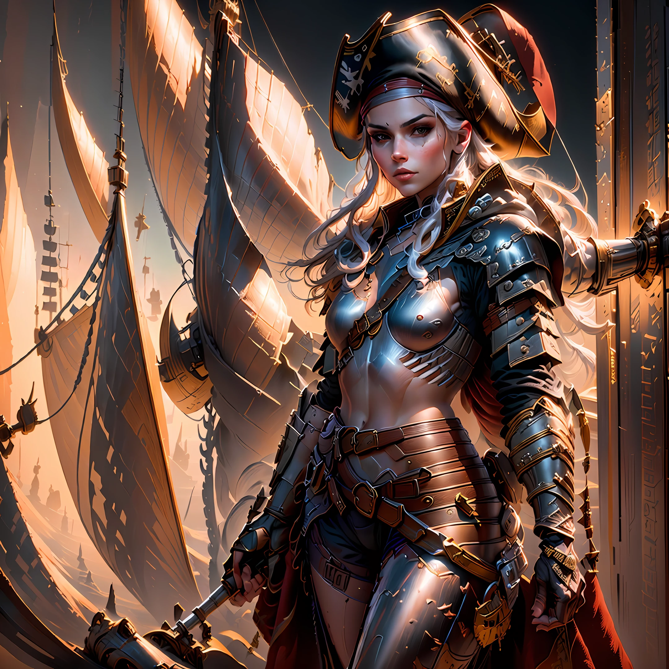 pirate girl in bikini and pirate hat standing in front of a ship, pirate woman, female pirate captain, 4k highly detailed digital art, karol bak uhd, deviantart artstation cgscosiety, beautiful digital artwork, 3 d render character art 8 k, Artstation contest winner, by Marek Okon, pirate queen, best of artstation