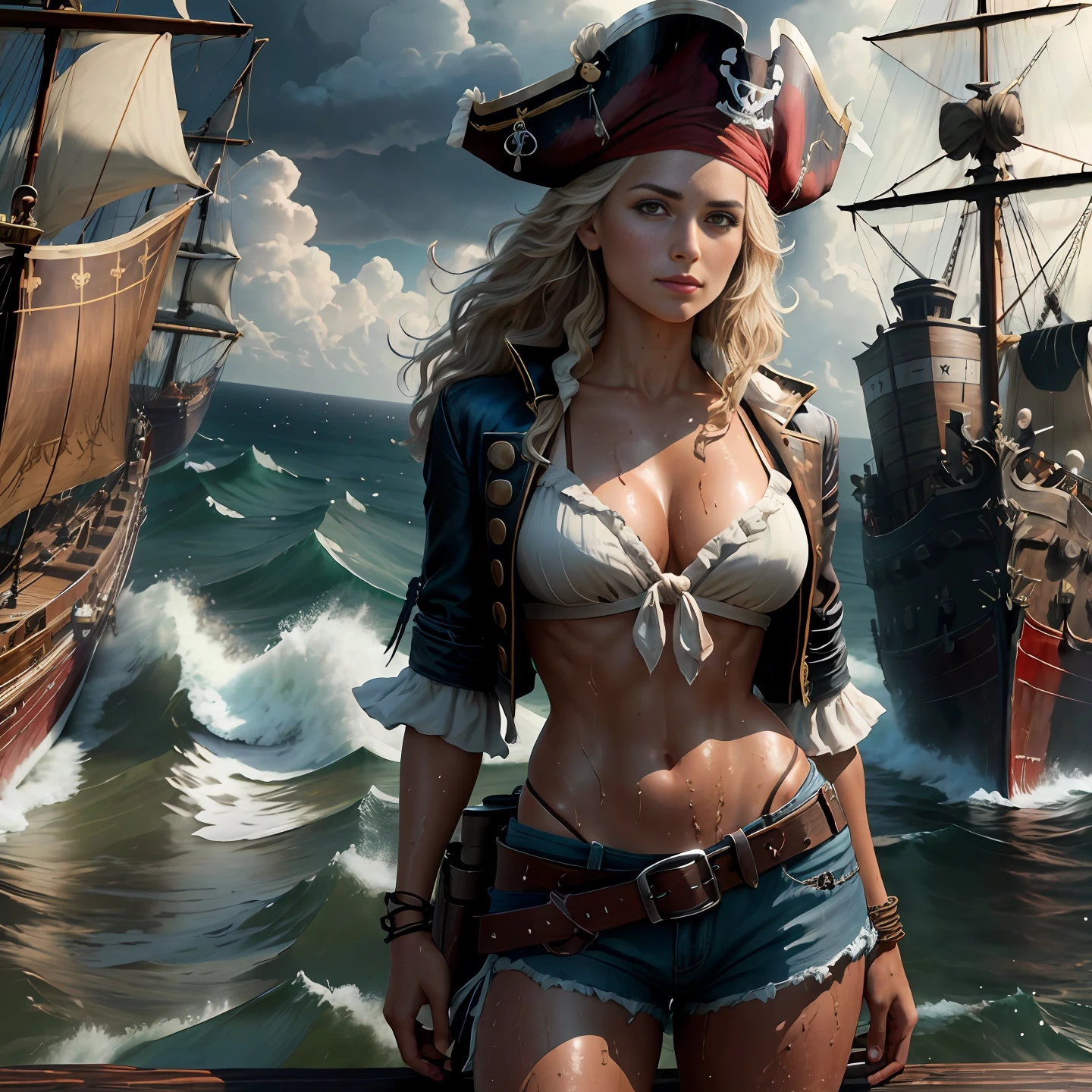 (sfw), dramatic lighting, highest quality, Cinematic film still, (attractive beautiful gorgeous woman, light muscle, feminine body, big breast, wearing dirty tattered pirate attire, standing on the deck of pirate ship docked at Caribbean port), smiling, dark atmosphere, toned body, (ripped clothing:0.8), perfect face, looking at viewer, (detailed skin), ((dirty)), (wet skin), sweating, (wet body), (muddy), (storm clouds:0.7), (stormy weather:0.5), natural lighting, (direct light:0.4), 8mm film grain, photographed on a Sony a9 II, 24mm lens, F/2.8 aperture, deep focus, (RAW), 8k, (still from The Lost Pirate Kingdom)