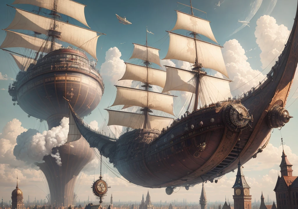 view from bottom on big flying town aiship, steampunk, highly detailed, absurdres, hyper-realism, textured, maximum_detail