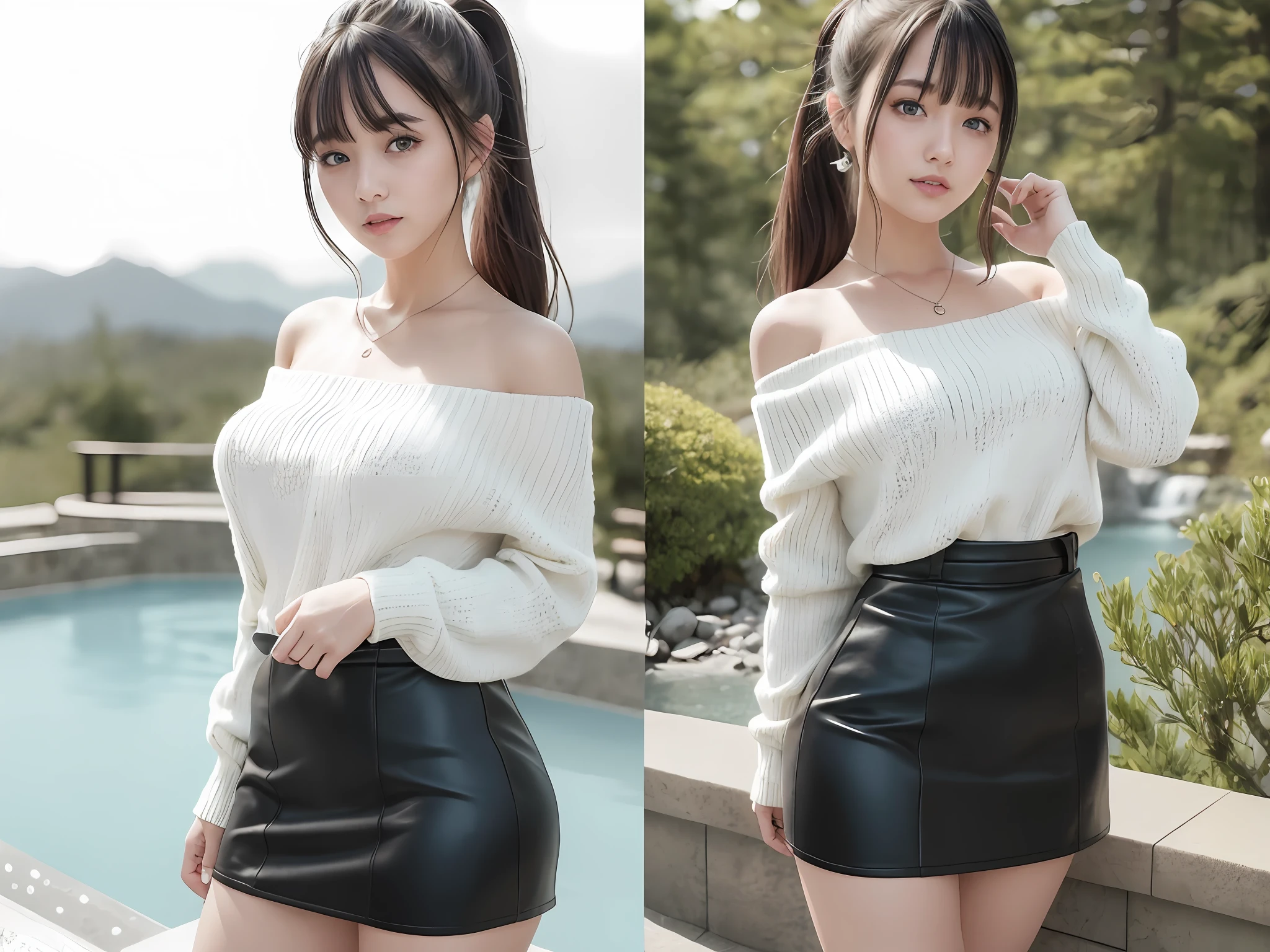 masterpiece, best quality, 8k, photo, realistic, 1girl, 17yo, (short off-shoulder white color sweater pull off, black skirt, tug), (detailed natural breast), (full body), (sexy pose), soft lips, (looking at camera:0.6), pale skin, (pink hair), (detailed eyes:1.3), (ponytail floating hair NovaFrogStyle:1.2), depth of field, blushing, ashamed, (smile:1.1), blue eyes, (random color bar), bangs, ((detailed hotel bathroom)), ulzzang-6500-v1.1, pureerosface_v1:0.4, forest, detailed hot spring, HDR, detailed japanese garden