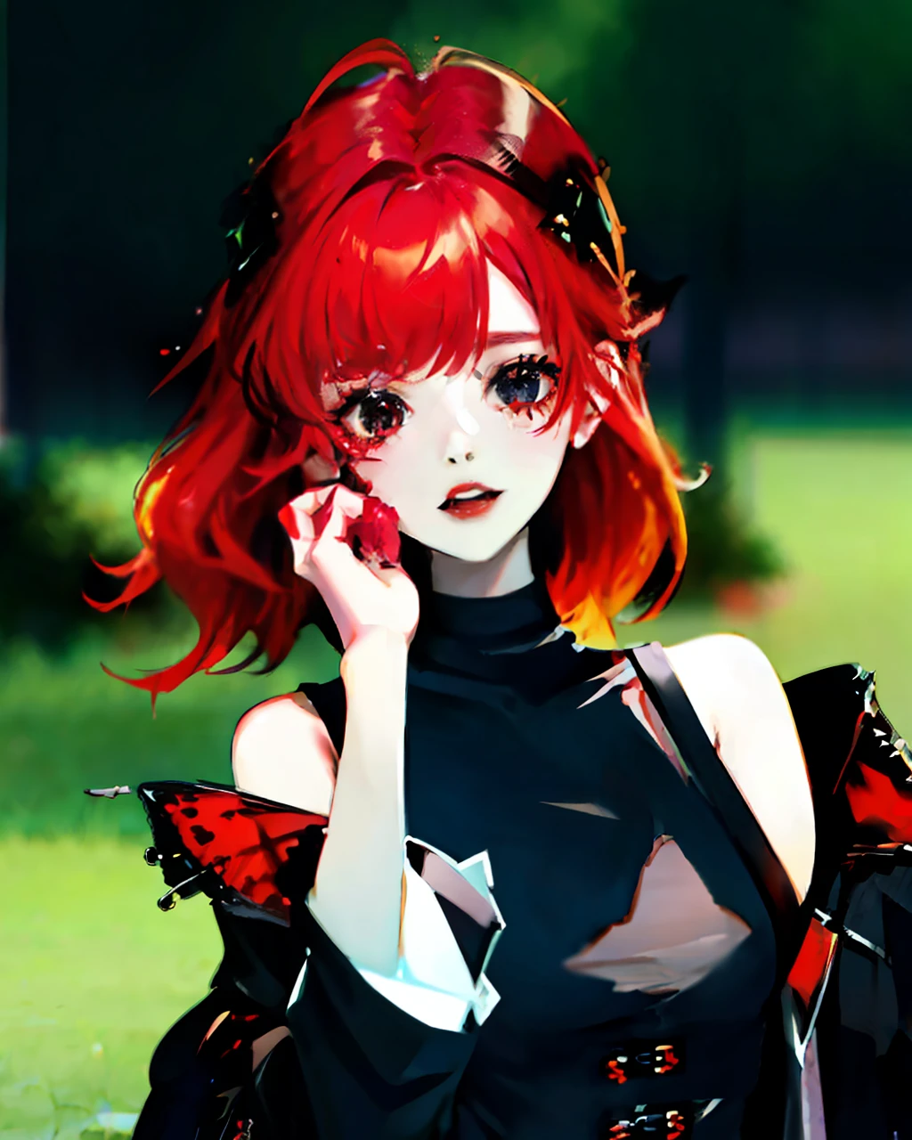 cute girl, red hair, black short shirt, goth/emo style, 8k, ultra detailed