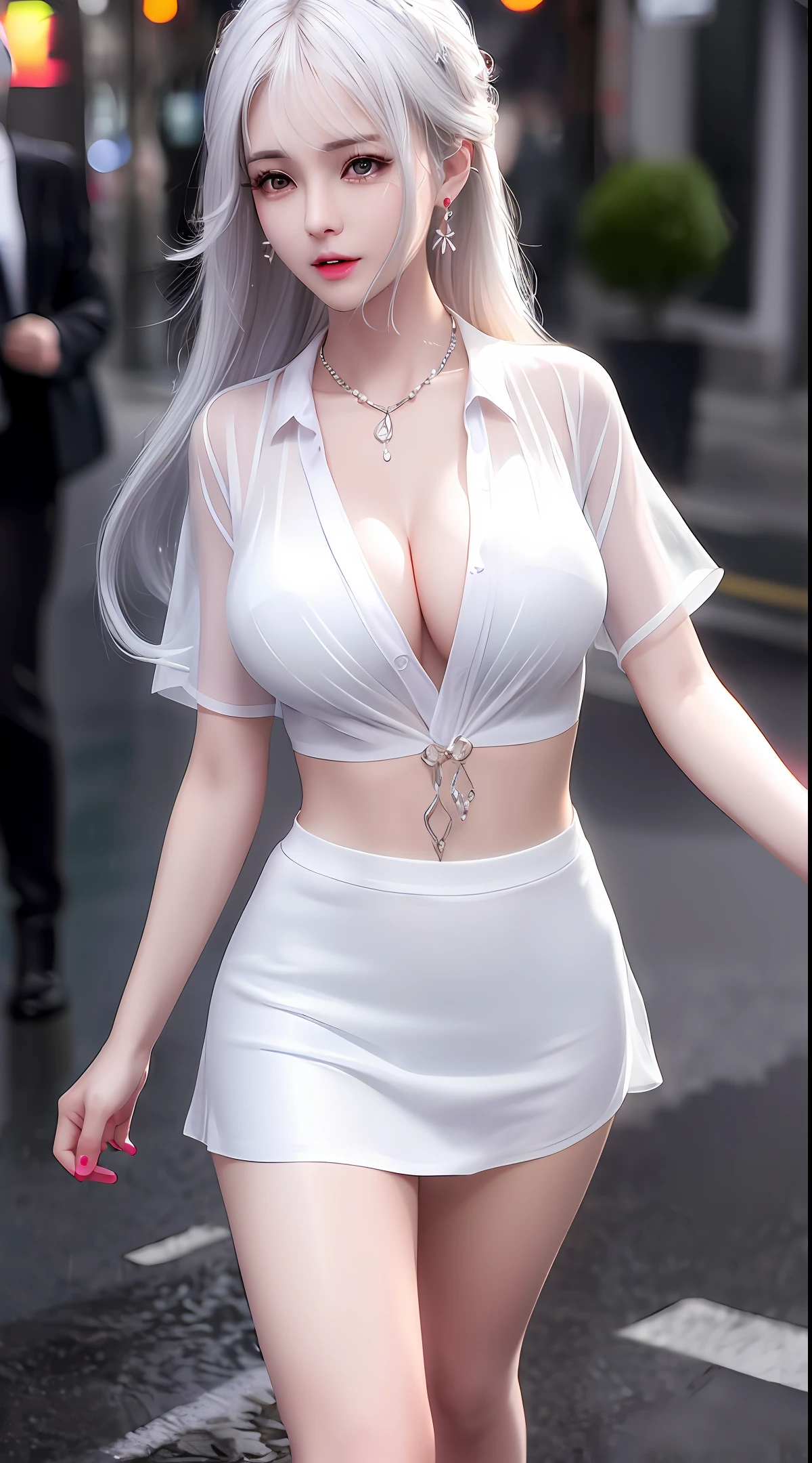 Crying, tears, white hair, delicate hairstyle, a girl wet from the rain, standing on the street, big breasts, open chest, long eyelashes, lip gloss, transparent white shirt, necklace, earrings, top quality, transparent black miniskirt, high resolution rate, 8K quality