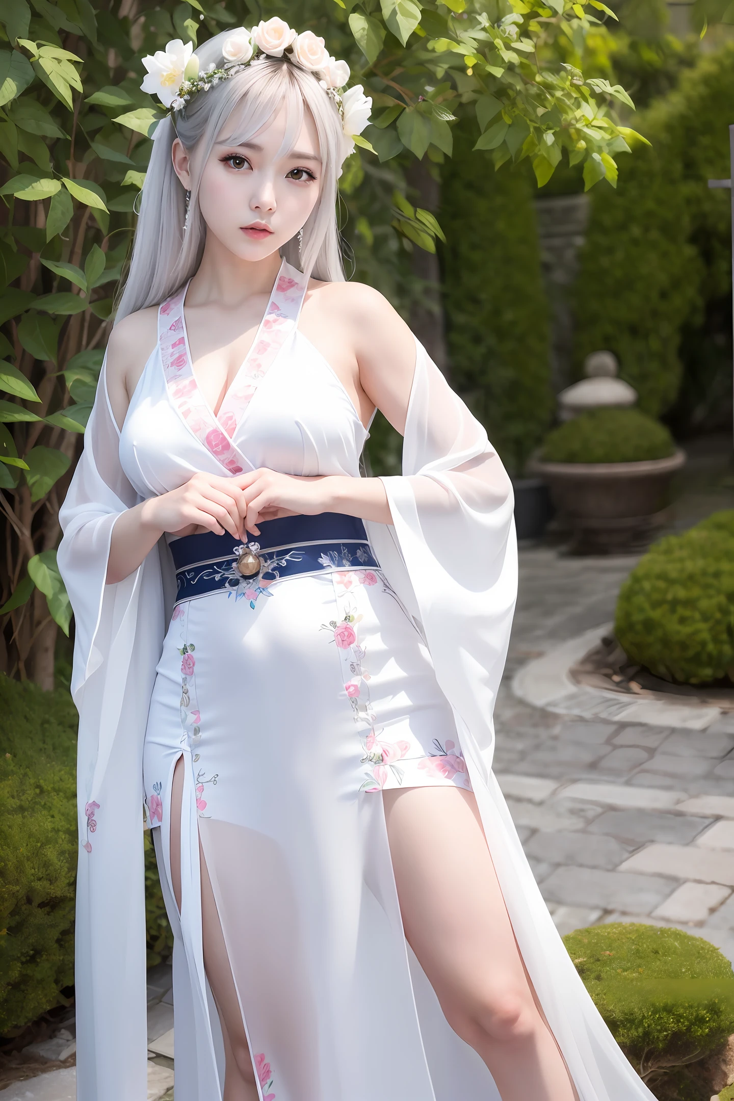 ulzzang-6500-v1.1,(raw photo:1.2),((photorealistic:1.4))best quality ,masterpiece, illustration, an extremely delicate and beautiful, extremely detailed ,CG ,unity ,8k wallpaper, Amazing, finely detail, masterpiece,best quality,official art,extremely detailed CG unity 8k wallpaper,absurdres, incredibly absurdres, huge filesize, ultra-detailed, highres, extremely detailed,beautiful detailed girl, extremely detailed eyes and face, beautiful detailed eyes,light on face,cinematic lighting,((Hanfu)),1girl,full body,full-body shot,see-through,looking at viewer,outdoors,((white hair))