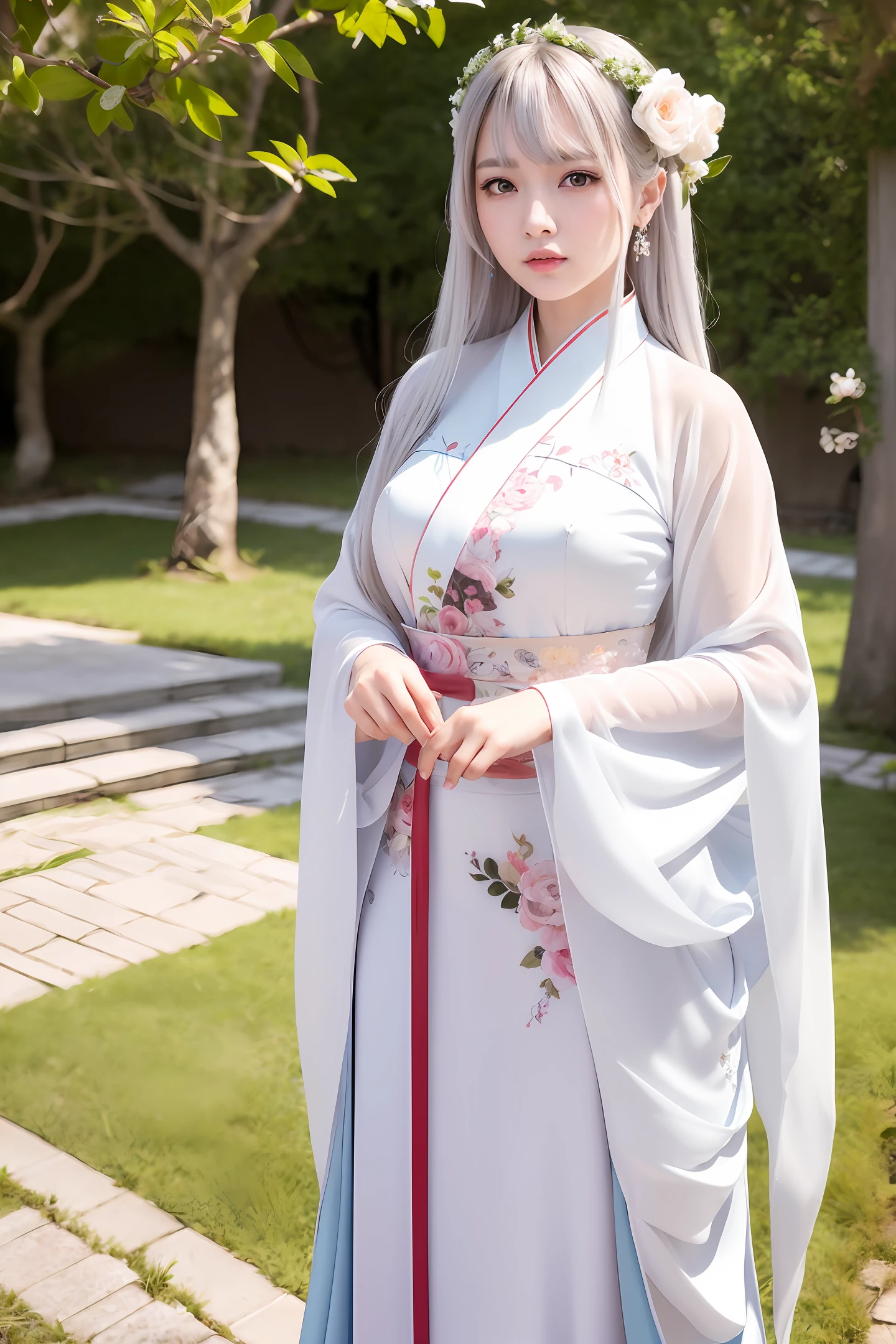 ulzzang-6500-v1.1,(raw photo:1.2),((photorealistic:1.4))best quality ,masterpiece, illustration, an extremely delicate and beautiful, extremely detailed ,CG ,unity ,8k wallpaper, Amazing, finely detail, masterpiece,best quality,official art,extremely detailed CG unity 8k wallpaper,absurdres, incredibly absurdres, huge filesize, ultra-detailed, highres, extremely detailed,beautiful detailed girl, extremely detailed eyes and face, beautiful detailed eyes,light on face,cinematic lighting,((Hanfu)),1girl,full body,full-body shot,see-through,looking at viewer,outdoors,((white hair))