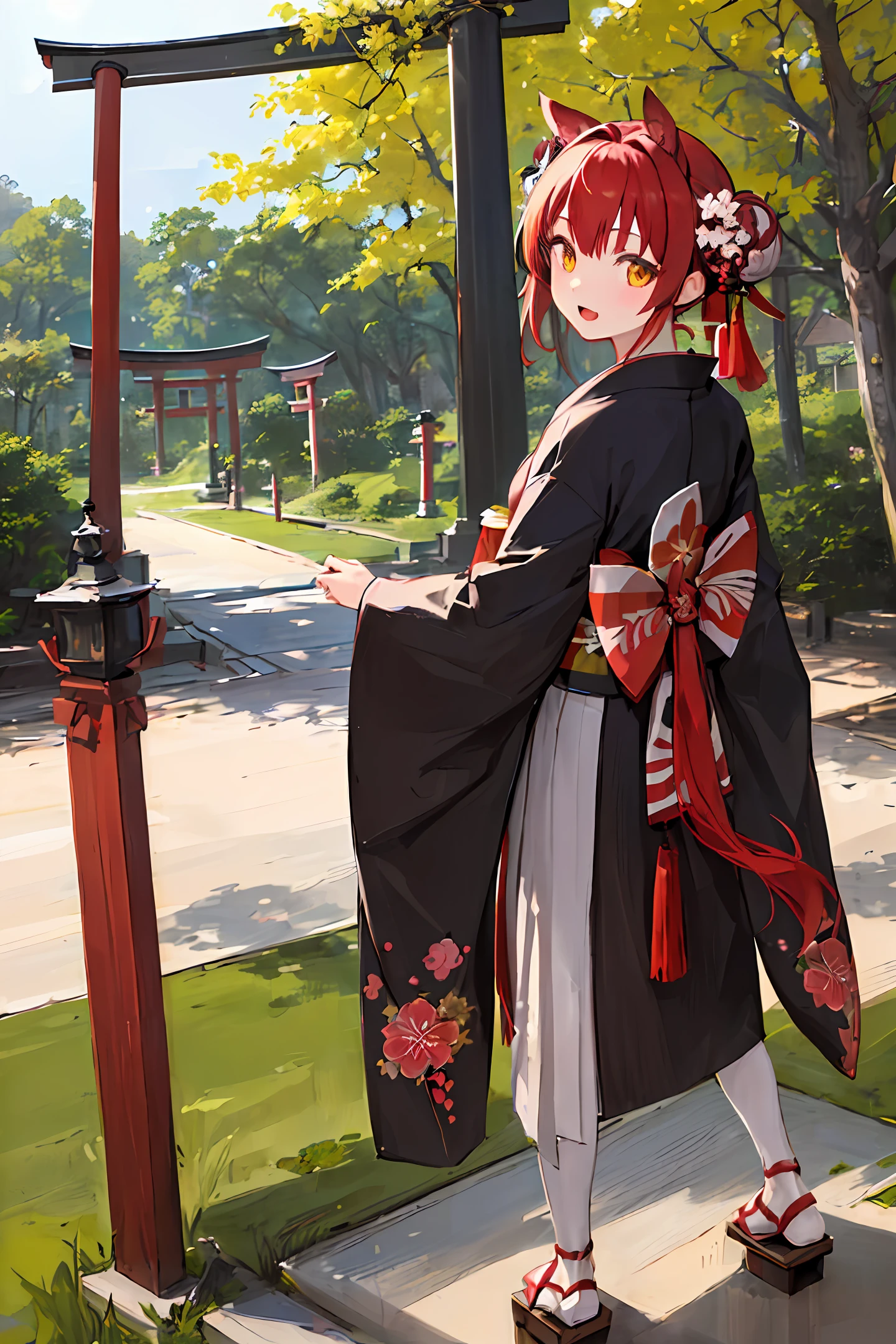 ((masterpiece,best quality)),2girls, black kimono, black legwear, black ribbon, black hair, cherry blossoms, day, flower, hair bun, hair ribbon, japanese clothes, kimono, long hair, looking at viewer, looking back, multiple girls, obi, outdoors, red eyes, red hair, ribbon, sandals, single hair bun, stairs, standing, statue, torii, tree, white kimono, yellow eyes