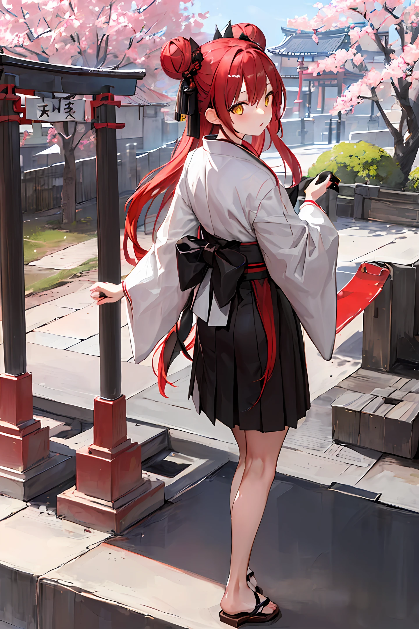 ((masterpiece,best quality)),2girls, black kimono, black legwear, black ribbon, black hair, cherry blossoms, day, flower, hair bun, hair ribbon, japanese clothes, kimono, long hair, looking at viewer, looking back, multiple girls, obi, outdoors, red eyes, red hair, ribbon, sandals, single hair bun, stairs, standing, statue, torii, tree, white kimono, yellow eyes