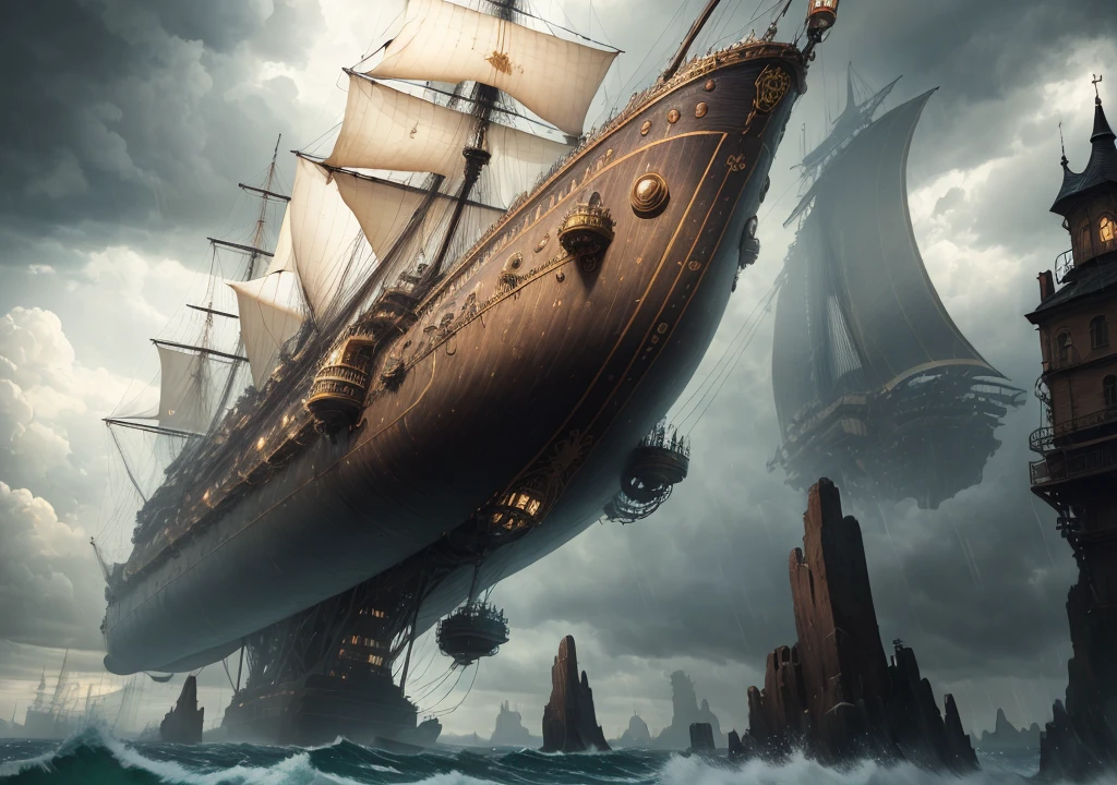view from bottom on big flying airship, steampunk, highly detailed, absurdres, hyper-realism, textured, maximum_detail, storm clouds, dramatic atmosphere,