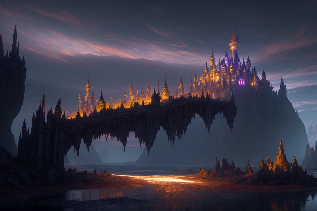 Kingdom's Edge, night, [Style-Glorious], Style-Glass, dramatic, volumetric lighting, subsurface scattering, (highly detailed:1.2), painting,