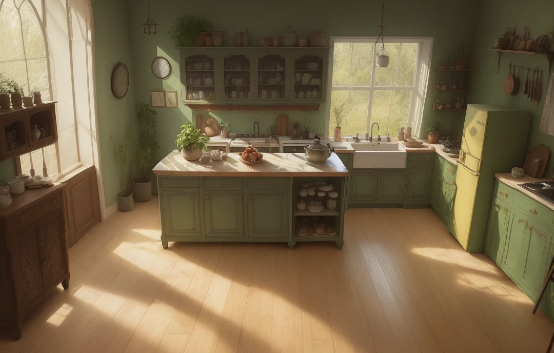 there is a kitchen with stove, cupboards and a window, a vase with a lemon tree in the center of the room, inspired by Carl Spitzweg, old kitchen background, angle view against an old kitchen background, inspired by inspired by joseph wright of the derby, john atkinson grimshaw, kitchen, omen room, victorian home interior