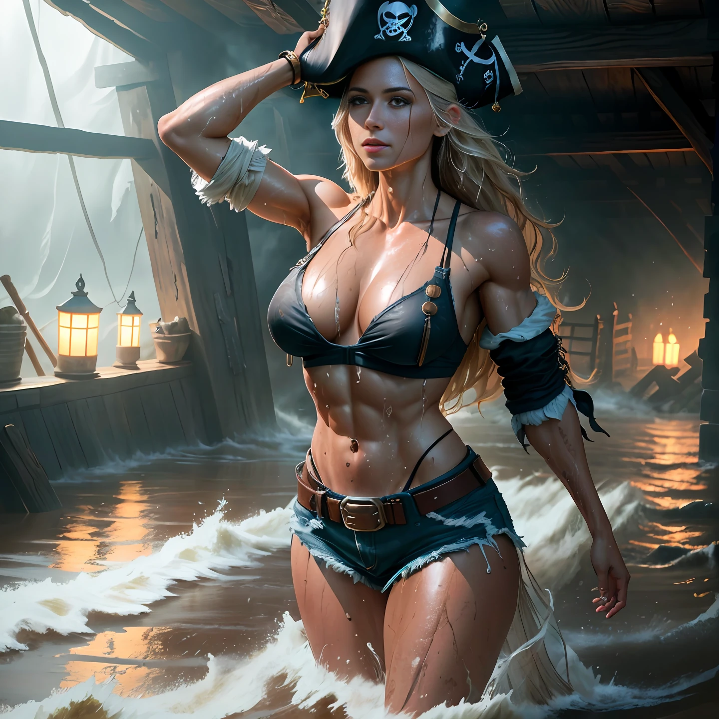 (sfw), dramatic lighting, highest quality, solo, movement, stunning poses, Cinematic film still, (attractive beautiful gorgeous woman, lithe muscles, female body, full breasts, in dirty tattered pirate costume ), smile, dark atmosphere, toned body, (torn clothes: 0.8), perfect face, looking at viewer, (detailed skin), ((dirty)), (wet skin), sweating, (wet body), (muddy), (storm cloud:0.7), (stormy weather:0.5), natural lighting, (direct light:0.4), 8mm film grain, Sony a9 II, 24mm lens, F/2.8 aperture, Deep focus, (RAW), 8k, (still from the lost pirate kingdom)