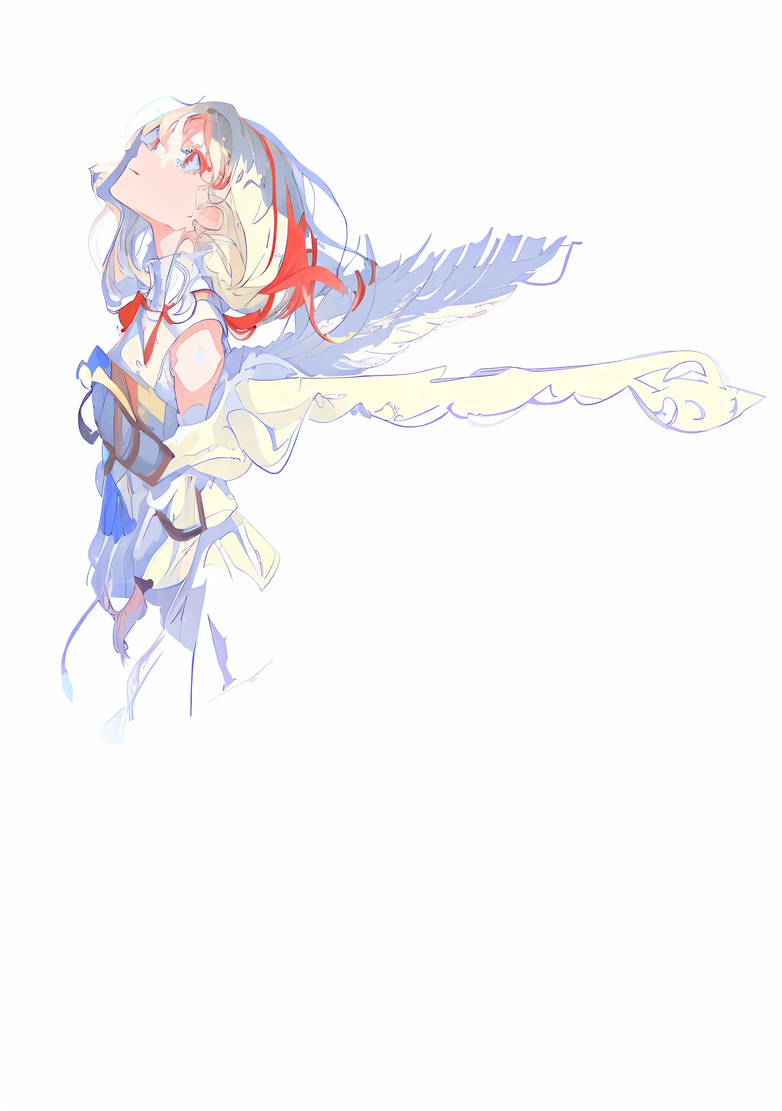 Flat drawing style. The hair is blown by the wind, perfect hair depiction. (Graceful, (slender), long neck, face up to the left, (1 female), profile, eyes on the screen, white background): 1.0. Spread the arms behind the back and spread the wings together, with the palms facing out of the screen. The arms are slender and well proportioned. She has long red and white hair, and when she dances, she has wonderful wings made of white scales and spreads out, wearing a gorgeous red dress. Unique red and blue eyes with white pupils. Wearing a snow-white sleeveless dress, the "sunny" head clings to the upper left corner of the screen, exuding a bright golden light, bathed in the sun, and stacked blue shadows.