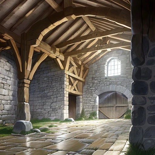 An old medieval French stone barn, rainy afternoon, rain, clouds, (((ligne claire, strong and clean lines, no hatching))), full-colour illustration, extremely high details, by Edgar P. Jacobs, by Jacques Martin, by Roger Leloup, in the Franco-Belgian comics tradition