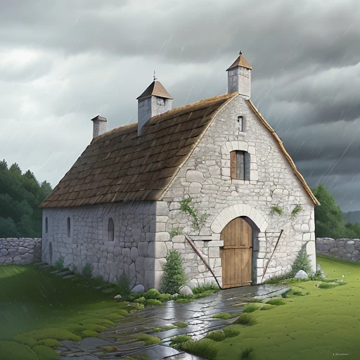 An old medieval French stone barn, rainy afternoon, rain, clouds, (((ligne claire, strong and clean lines, no hatching))), full-colour illustration, extremely high details, (((by Edgar P. Jacobs))), by Jacques Martin, by Roger Leloup, in the Franco-Belgian comics tradition