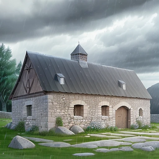 An old medieval French stone barn, rainy afternoon, rain, clouds, (((ligne claire, strong and clean lines, no hatching))), full-colour illustration, extremely high details, (((by Edgar P. Jacobs))), by Jacques Martin, by Roger Leloup, in the Franco-Belgian comics tradition
