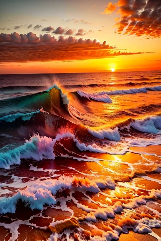 A breathtaking seascape with a dramatic sunset, the sky painted with a palette of orange and red hues, the sun a blazing fireball on the horizon, the waves crashing on the shore, with a lone seagull flying above, Photography, drone camera with a wide-angle lens, --ar 16:9 --v 5