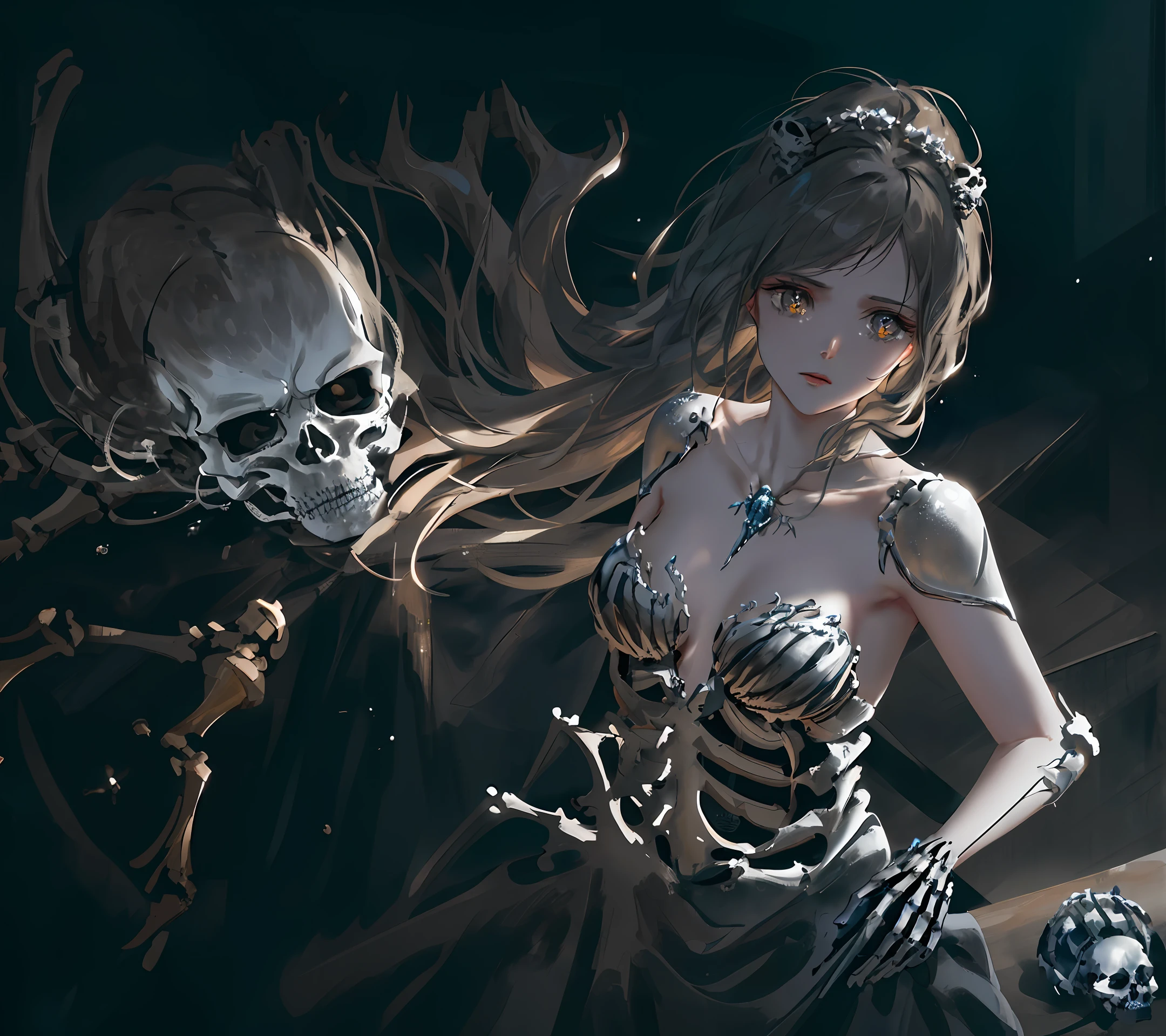 [hyper realistic:(unreal engine):realistic:,0.5,0.99], beautiful 1 skeleton,(beautiful and exquisite face),(Sky), (dark magic: 1.2), (bones anthropomorphic),(undead), weird flames, oiled skin, upper body, looking at viewer, messy long hair, (clothes made of skeletons), (volumetric lighting), atmospheric perspective, dust particles, light axis, (e_foxy: 0.7), m_wlop, (e_landscape : 0.7)