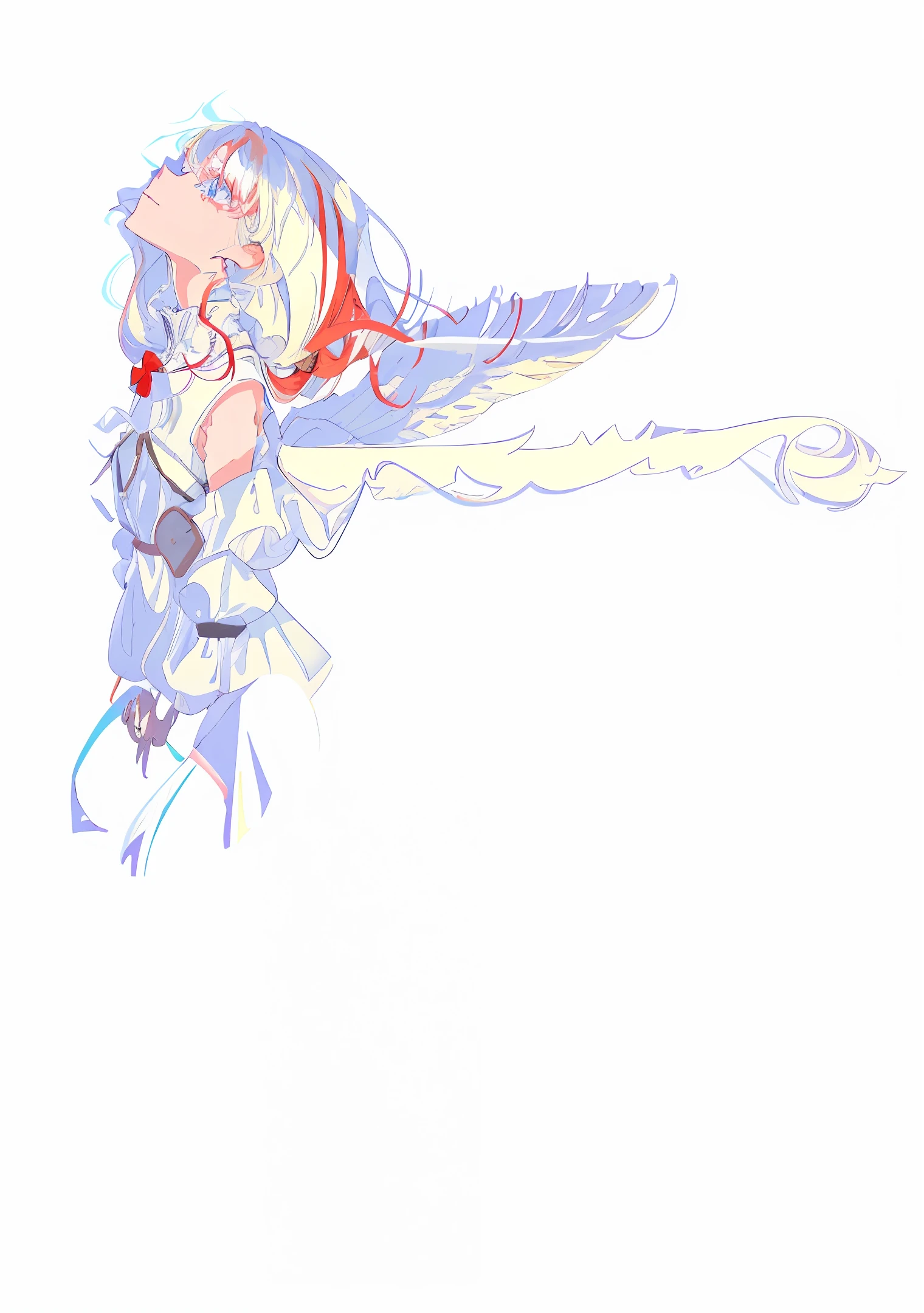 Eyelash error fix. Flat drawing style. The hair is blown by the wind, perfect hair depiction. (Graceful, (slender), long neck, face up to the left, (1 female), profile, eyes on the screen, white background): 1.0. Spread the arms behind the back and spread the wings together, with the palms facing out of the screen. The arms are slender and well proportioned. She has long red and white hair, and when she dances, she has wonderful wings made of white scales and spreads out, wearing a gorgeous red dress. Unique red and blue eyes with white pupils. Wearing a snow-white sleeveless dress, the "sunny" head clings to the upper left corner of the screen, exuding a bright golden light, bathed in the sun, and stacked blue shadows.
