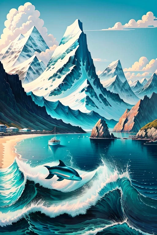 A serene seascape with a clear blue sky and calm waters, a small fishing boat bobbing gently on the waves, a backdrop of distant mountains, with a school of playful dolphins jumping in and out of the water, Artwork, acrylic painting on canvas, --ar 1:1 --niji