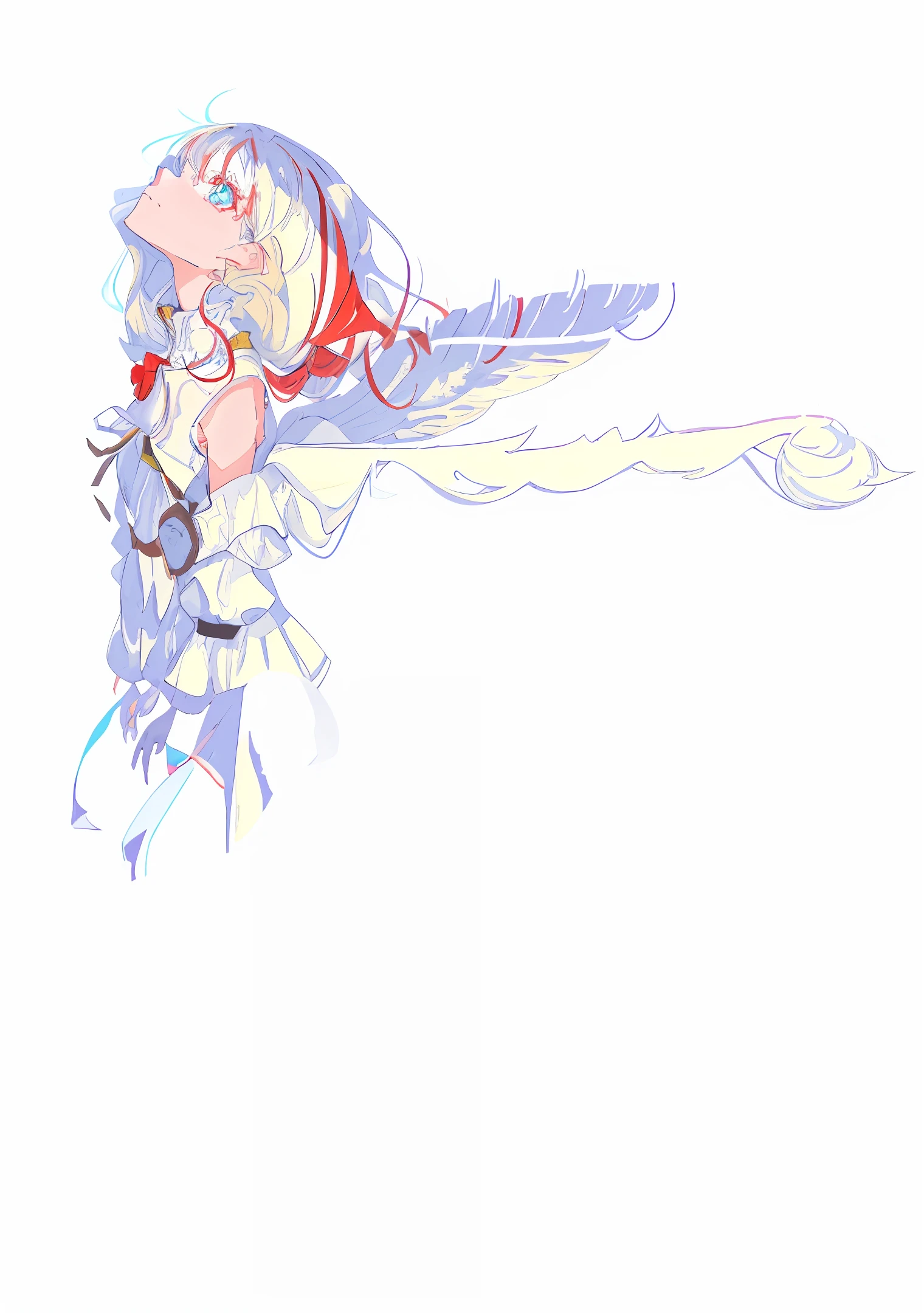 Eyelash error fix. Flat drawing style. The hair is blown by the wind, perfect hair depiction. (Graceful, (slender), long neck, face up to the left, (1 female), profile, eyes on the screen, white background): 1.0. Spread the arms behind the back and spread the wings together, with the palms facing out of the screen. The arms are slender and well proportioned. She has long red and white hair, and when she dances, she has wonderful wings made of white scales and spreads out, wearing a gorgeous red dress. Unique red and blue eyes with white pupils. Wearing a snow-white sleeveless dress, the "sunny" head clings to the upper left corner of the screen, exuding a bright golden light, bathed in the sun, and stacked blue shadows.