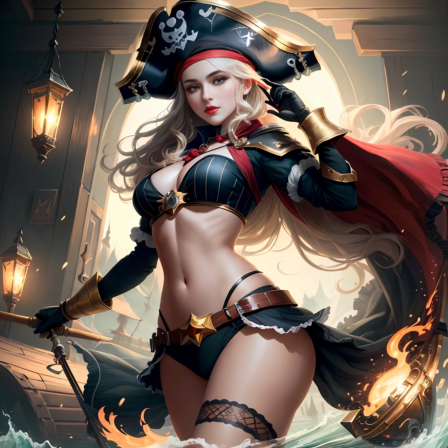 Original, very detailed wallpaper, very detailed illustrations, (1 Girl) , perfect female body, beautiful eyes, (delicate face) , (seductive expression) , eyes, impact, pirate hat, pirate costume1.5, pirate, pirate ship, red lips, from below1.2, wide hips, lap1.3, black gloves, (shiny skin) , (best lighting) , (super-complex detail) , 4K Unity, (super-detailed CG: 1.2) , (8K: 1.2), octane rendering Dynamic, floating, luminous, League of Legends original painting, wide-angle viewing angle: 2, pureerosface_v1