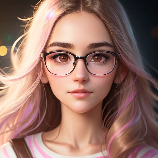 8k portrait of a protagonist of a romantic-comedy themed movie, big captivating brown eyes with long lashes, long dark waivy hair, light radiant skin, digital photography, smart sophisticated look, rather serious face, eye glasses that make her look sophisticated, pink kissable lips, european features, heavy paint drip, bouncing colors here and there, reflections of rainbows on the face, dark hair, very dark hair, tall, drinking a magic potion