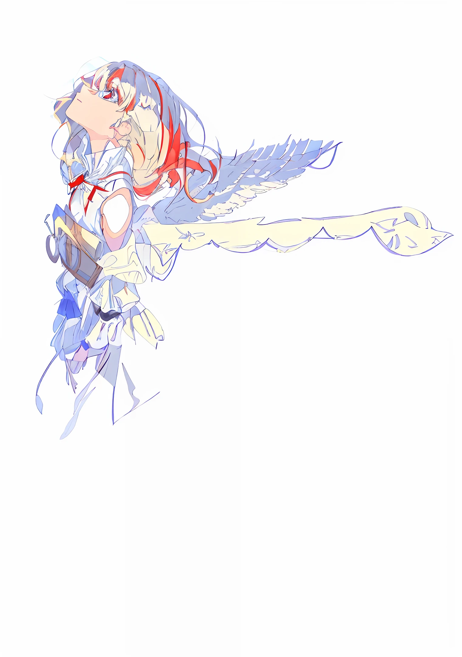 Flat drawing style. The hair is blown by the wind, perfect hair depiction. (Graceful, (slender), long neck, face up to the left, (1 female), profile, eyes on the screen, white background): 1.0. Spread the arms behind the back and spread the wings together, with the palms facing out of the screen. The arms are slender and well proportioned. She has long red and white hair, and when she dances, she has wonderful wings made of white scales and spreads out, wearing a gorgeous red dress. Unique red and blue eyes with white pupils. Wearing a snow-white sleeveless dress, the "sunny" head clings to the upper left corner of the screen, exuding a bright golden light, bathed in the sun, and stacked blue shadows.