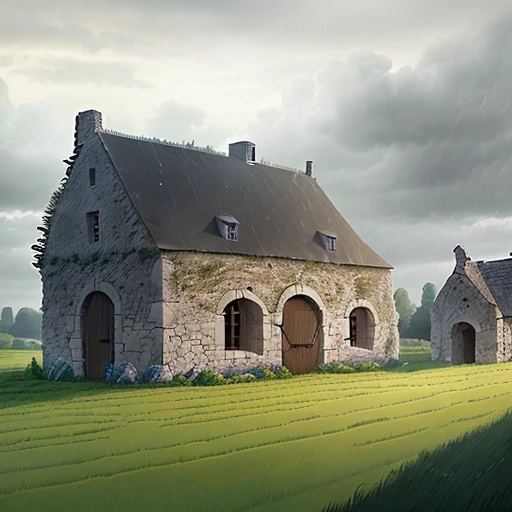 The ruin of an old medieval French stone barn in a grain field, rainy afternoon, rain, clouds, (((ligne claire, strong and clean lines, no hatching))), full-colour illustration, extremely high details, (((by Edgar P. Jacobs))), by Jacques Martin, by Roger Leloup, in the Franco-Belgian comics tradition, dark, sinister