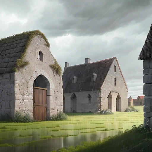 The ruin of an old medieval French stone barn in a grain field, rainy afternoon, rain, clouds, (((ligne claire, strong and clean lines, no hatching))), full-colour illustration, extremely high details, (((by Edgar P. Jacobs))), by Jacques Martin, by Roger Leloup, in the Franco-Belgian comics tradition, dark, sinister