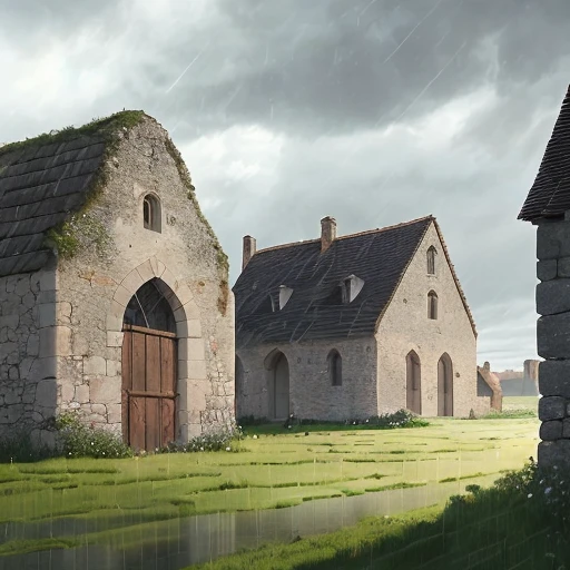 there is a picture of a painting of a castle with a horse in the yard, medieval village on the plains, medieval concept art, medieval french landscape, a small medieval village, medieval village, inspired by Martin Deschambault, by Martin Deschambault, illustration matte painting, by Artur Tarnowski, rainy day. game render, by maxim verehin