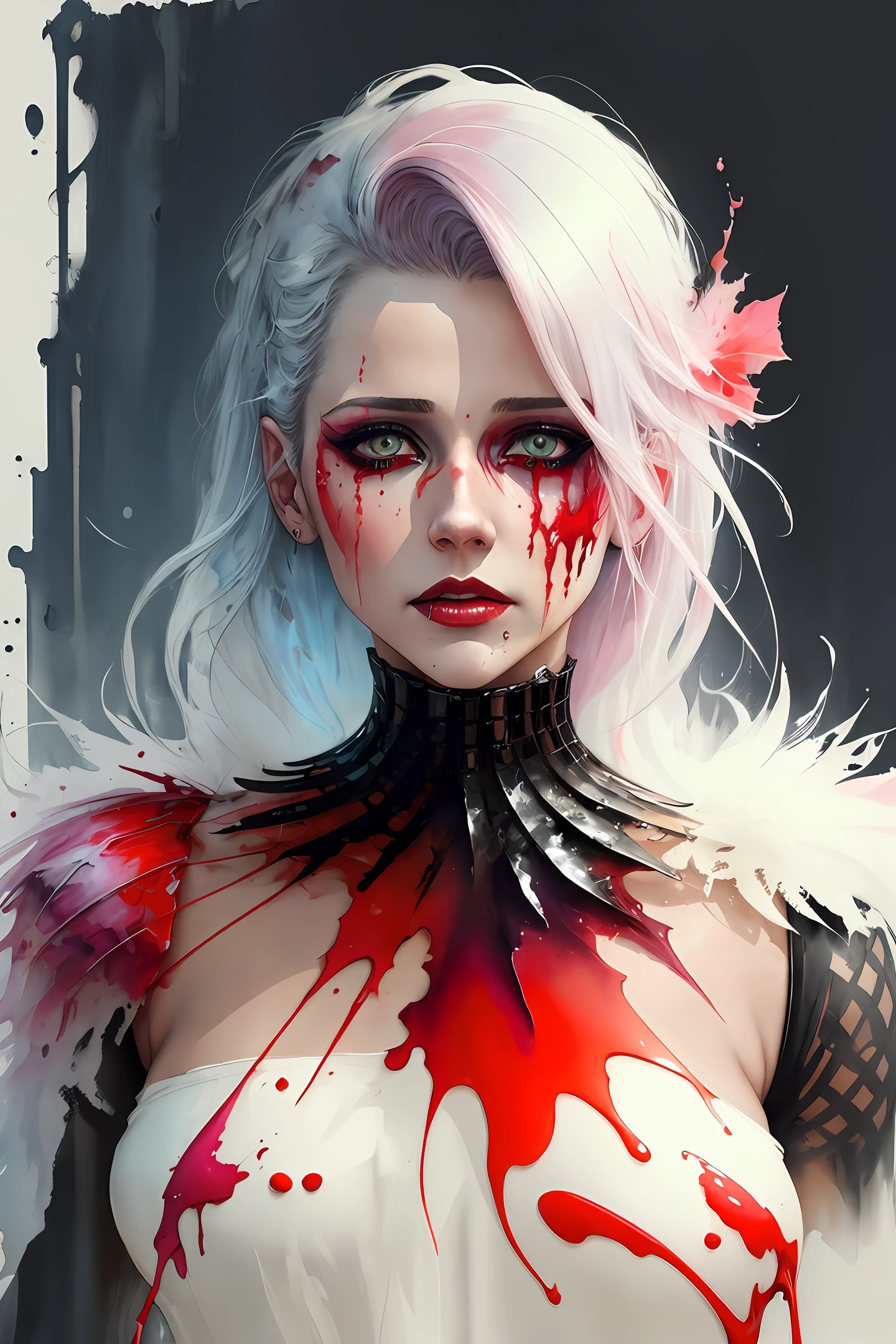 there is a woman with a bloody face, inspired by Bastien L. Deharm, Stephan Gesell, intense watercolor, inspired by Alberto Seveso, inspired by Darek Zabrocki, expressive beautiful portrait, inspired by Arik Brauer, expressive beauty painting, artistic portrait photography 8k, color portrait, color drops