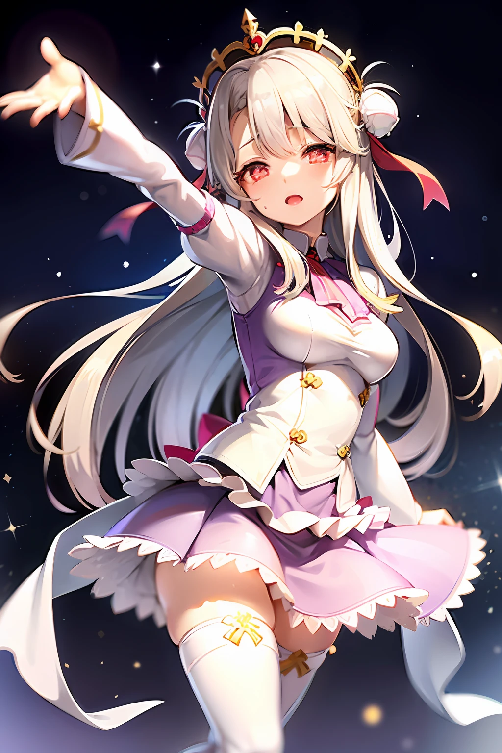 (((illyasviel von einzbern))), (((solo))), (((love live! style))),(((1 girl))), (((idol))), petite, woman,female, ((baby,5 years old)), (((very long hair))), (((silver hair))), snowflakesdetailed cute anime face, (((large_breasts))), (((red eyes))), bright skin,