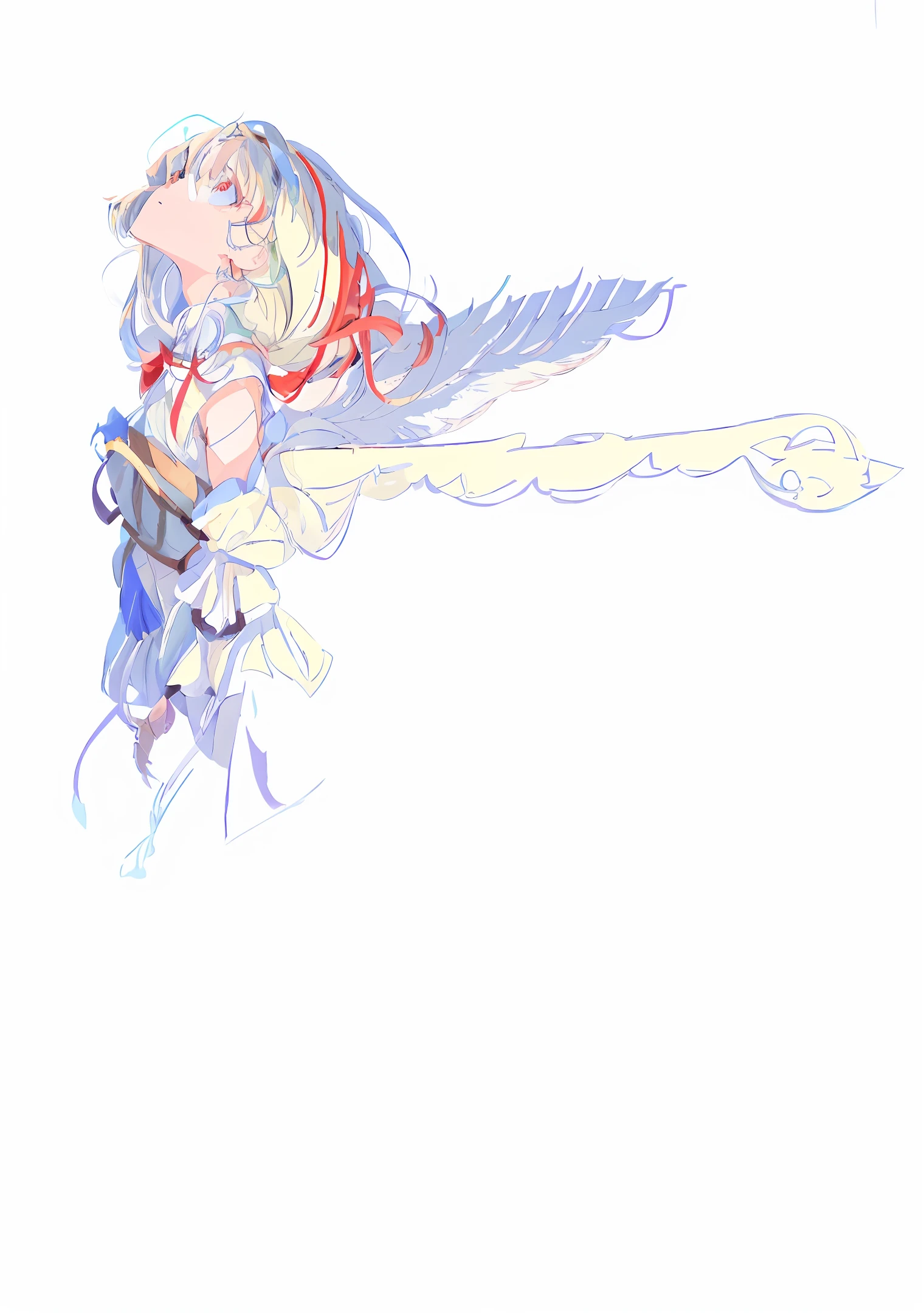 anime drawing of a woman flying with a sword and a bird, zerochan art, zerochan, angel knight girl, by Shitao, genshin, ayaka genshin impact, ethereal anime, made with anime painter studio, anime girl with a bow and arrow, keqing from genshin impact, from arknights, white background : 3, pixiv