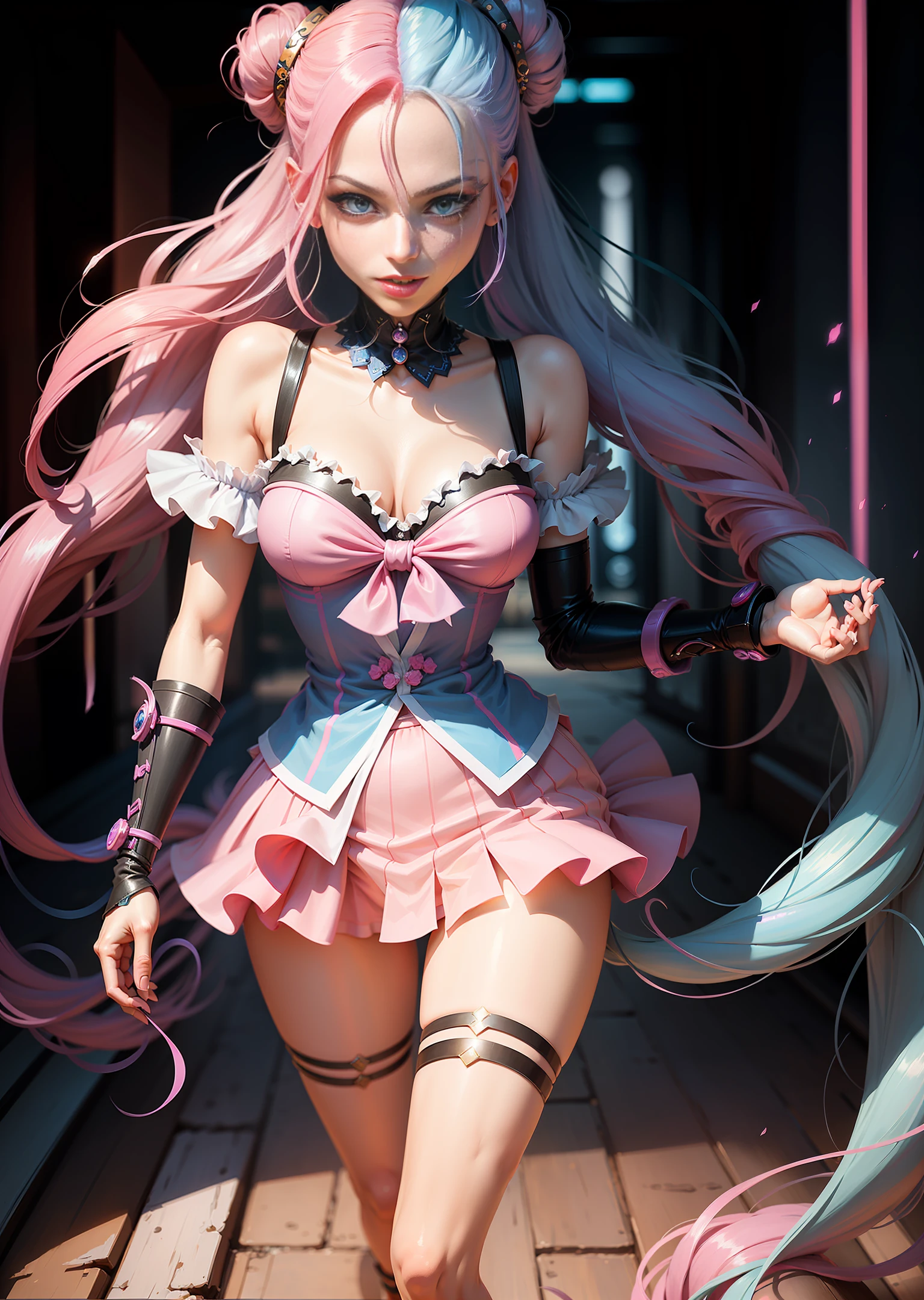 (1girl) (extremely detailed CG unity 8k wallpaper),(best illumination, best shadow, an extremely delicate and beautiful) a close up of a (1GIRL) (long blue  hair)  (pink outfit), portrait of jinx from arcane, jinx from league of legends, jinx from arcane, rossdraws cartoon vibrant, jinx expression, arcane jinx, jinx face.
