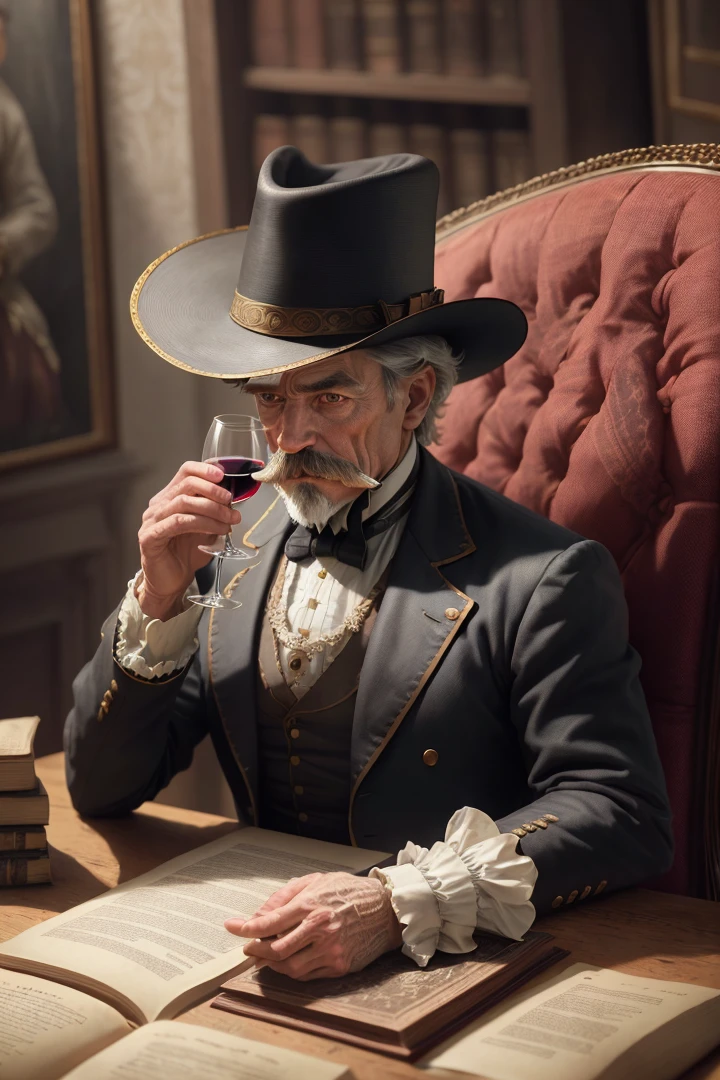 The 19th century, portrait of middle age gentleman, cylinder, hat, mustache, sitting on chair, on the table is wine and old book, High quality photo, ultra high res, (photorealistic:1.4), baroque, cinema lighting, insanely detailed, hyper realistic, intricate design, fine details, octane render