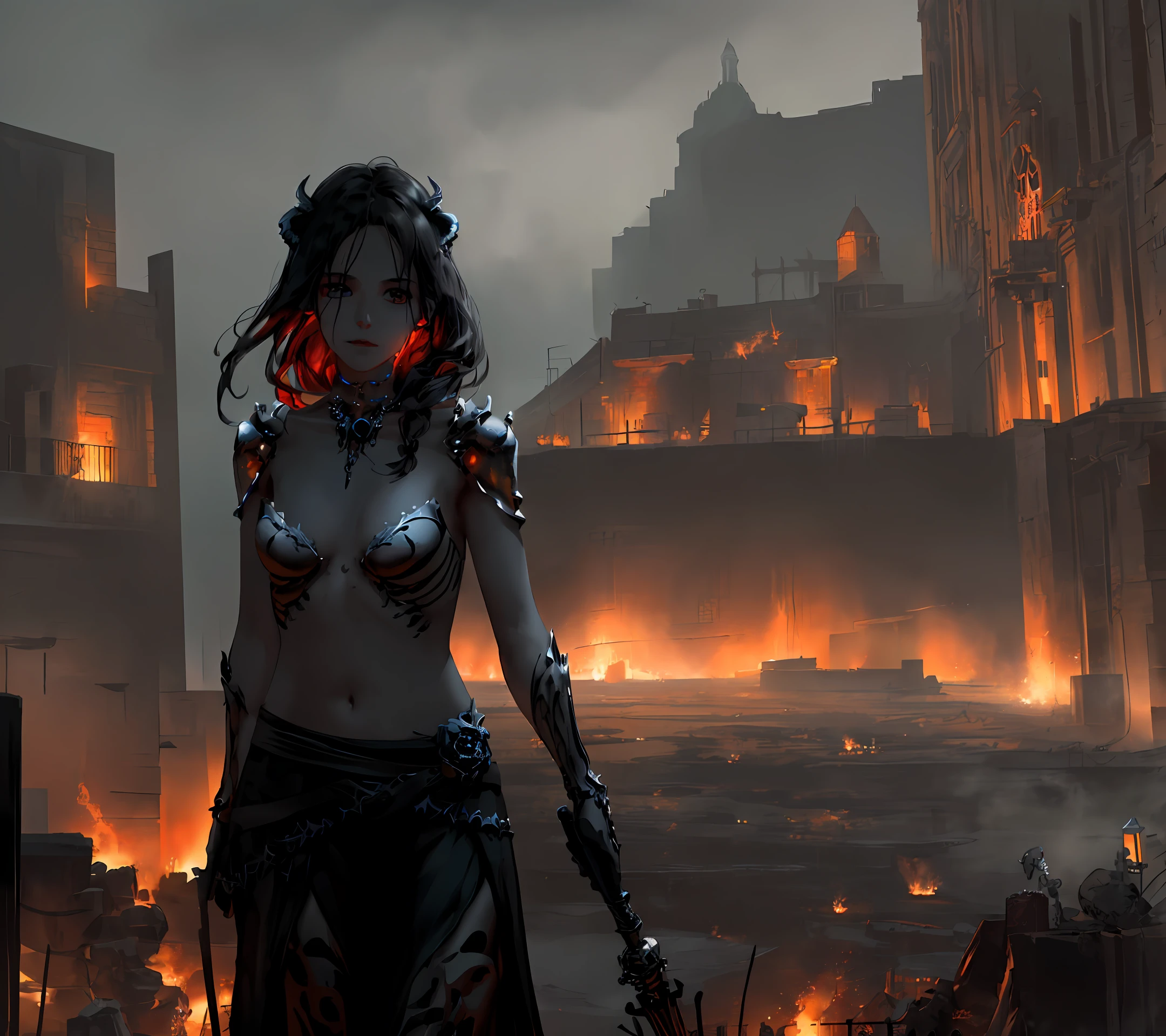 [hyper realistic:(unreal engine):realistic:,0.5,0.99], beautiful 1 skeleton,(beautiful and exquisite face),(Sky), (dark magic: 1.2), (skeleton anthropomorphic),(necromancer), hell flames, oiled skin, upper body, looking at viewer, long messy hair, (red-black clothes), (volumetric lighting), atmospheric perspective, dust particles, light axis, (e_foxy: 0.7), m_wlop, (e_landscape: 0.7 )