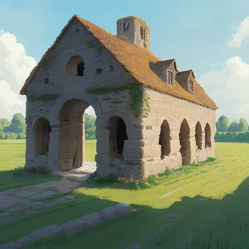 The ruin of an old long and low medieval French stone barn in a grain field on sunny afternoon, (((ligne claire, strong and clean lines, no hatching))), full-colour illustration, extremely high details, (((by Edgar P. Jacobs))), by Jacques Martin, by Roger Leloup, in the Franco-Belgian comics tradition, warm colours, masterpiece