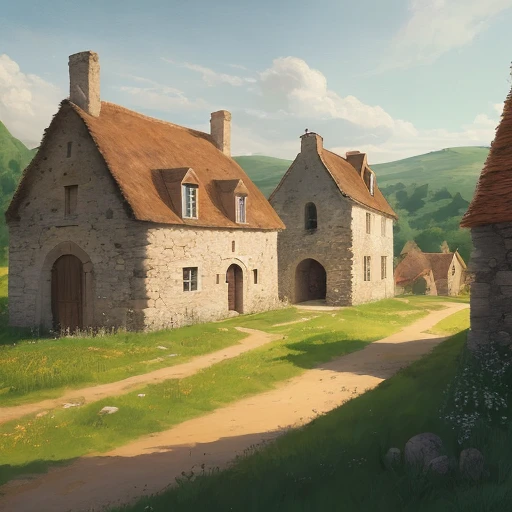 The ruin of an old medieval French stone barn in a grain field on sunny afternoon, (((ligne claire, strong and clean lines, no hatching))), full-colour illustration, extremely high details, (((by Edgar P. Jacobs))), by Jacques Martin, by Roger Leloup, in the Franco-Belgian comics tradition, warm colours, masterpiece, medieval French landscape, a small medieval French village