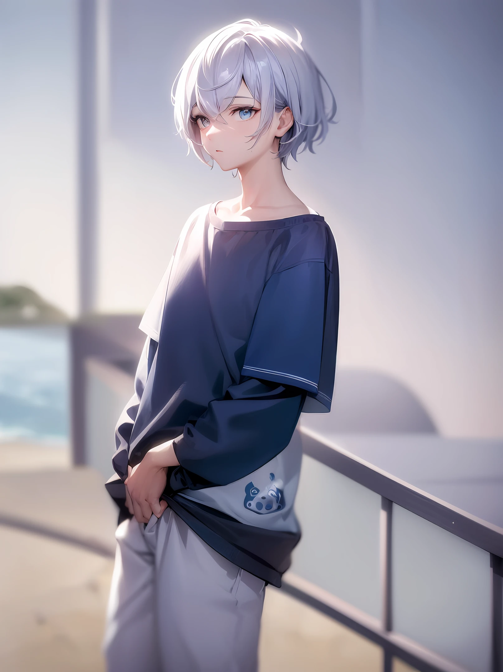 a male, An exquisitely detailed and beautifully rendered CG artwork featuring the epic, blue-eyed protagonist Gojou Satoru gazing directly at the viewer while standing at the sea background, Puppy pattern T-shirt, (Puppy dog pattern:1.2), (Blue wave beach:1.2), styled with a captivating hairdo, accentuated with bangs and hair between eyes, highlighting his distinctive and stylish white and short hair. This dynamic composition expertly showcases his strong male focus, in a manner that captivates and intrigues viewers.