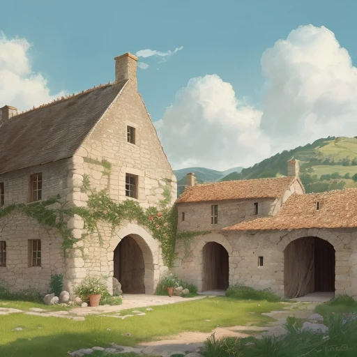 The ruin of an old medieval French stone barn in a grain field on sunny afternoon, (((ligne claire, strong and clean lines, no hatching))), full-colour illustration, extremely high details, (((by Edgar P. Jacobs))), by Jacques Martin, by Roger Leloup, in the Franco-Belgian comics tradition, warm colours, masterpiece, medieval French landscape, a small medieval French village
