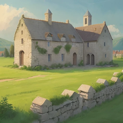 The ruin of an old medieval French stone barn in a grain field on sunny afternoon, (((ligne claire, strong and clean lines, no hatching))), full-colour illustration, extremely high details, (((by Edgar P. Jacobs))), by Jacques Martin, by Roger Leloup, in the Franco-Belgian comics tradition, warm colours, masterpiece, medieval French landscape, a small medieval French village